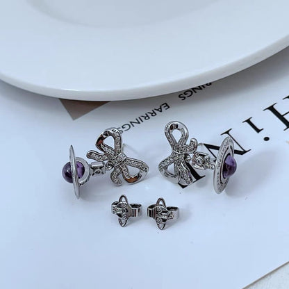 Silver and Purple bow orb earrings (with box)