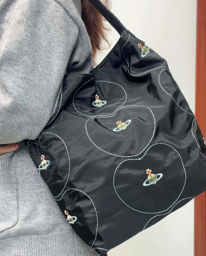 Embroidered Canvas Slouchy Shoulder Bag