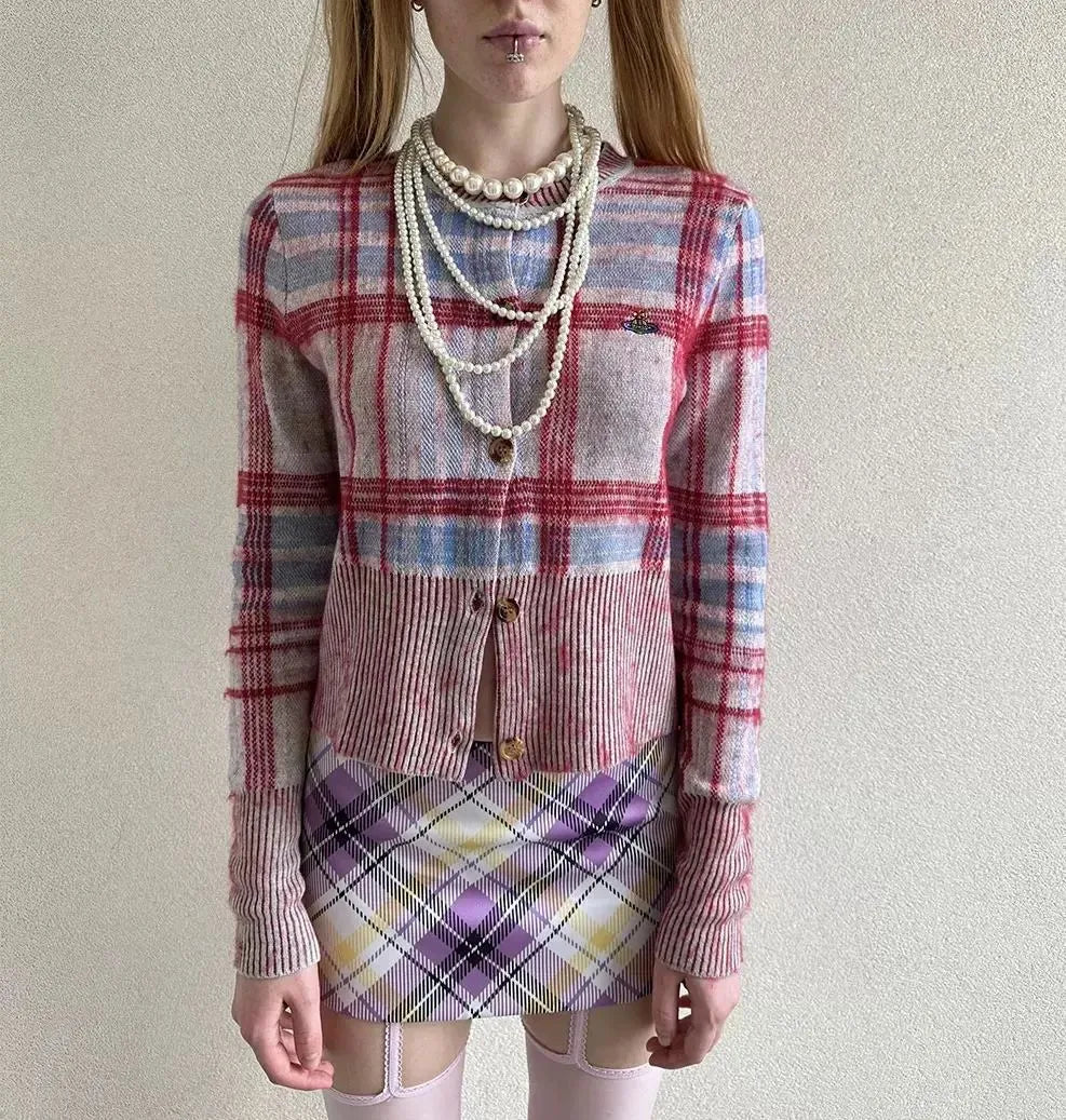 Plaid Knit Cropped Cardigan