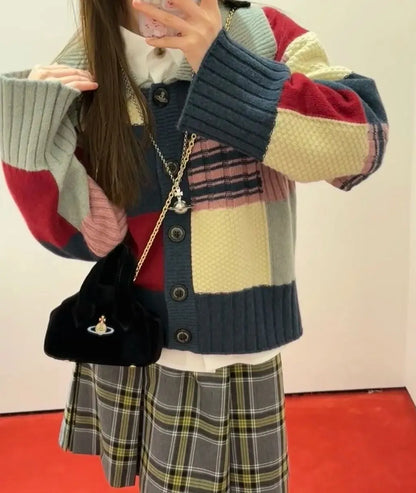  Colorblock Grid Knit Cardigan