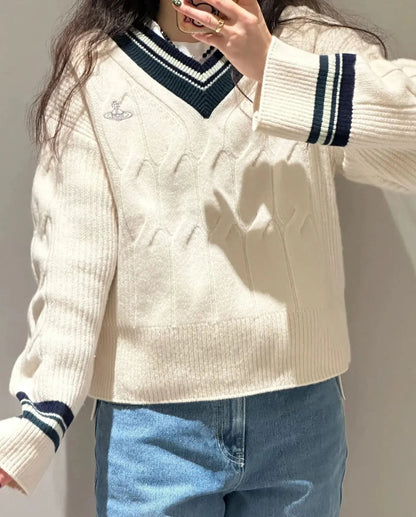 V-Neck Crest Cable Knit Sweater