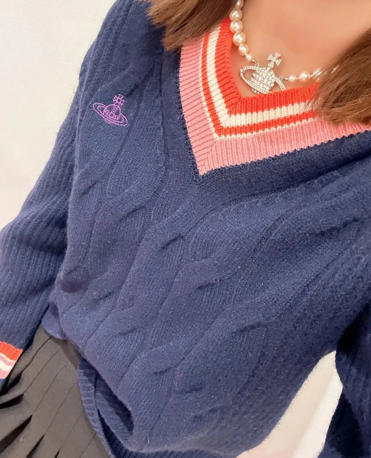 V-Neck Crest Cable Knit Sweater