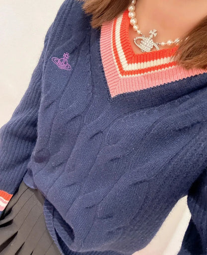 V-Neck Crest Cable Knit Sweater