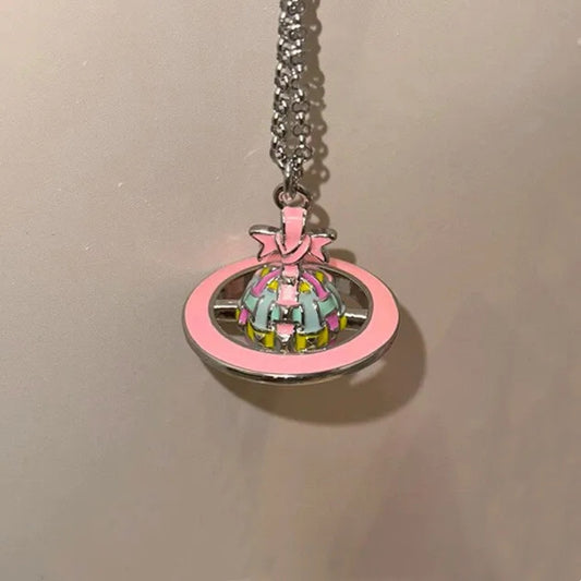 Vintage Pink Bow Woven Orb Necklace